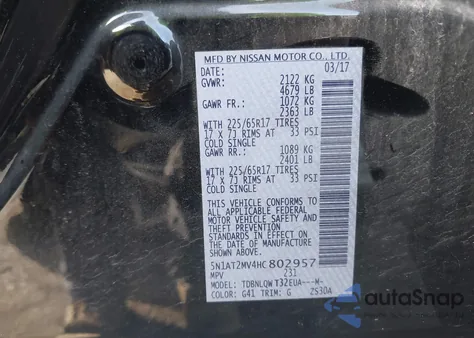 2017 Nissan Rogue Sv z USA, uszkodzony, nr VIN 5N1AT2MV4HC802957